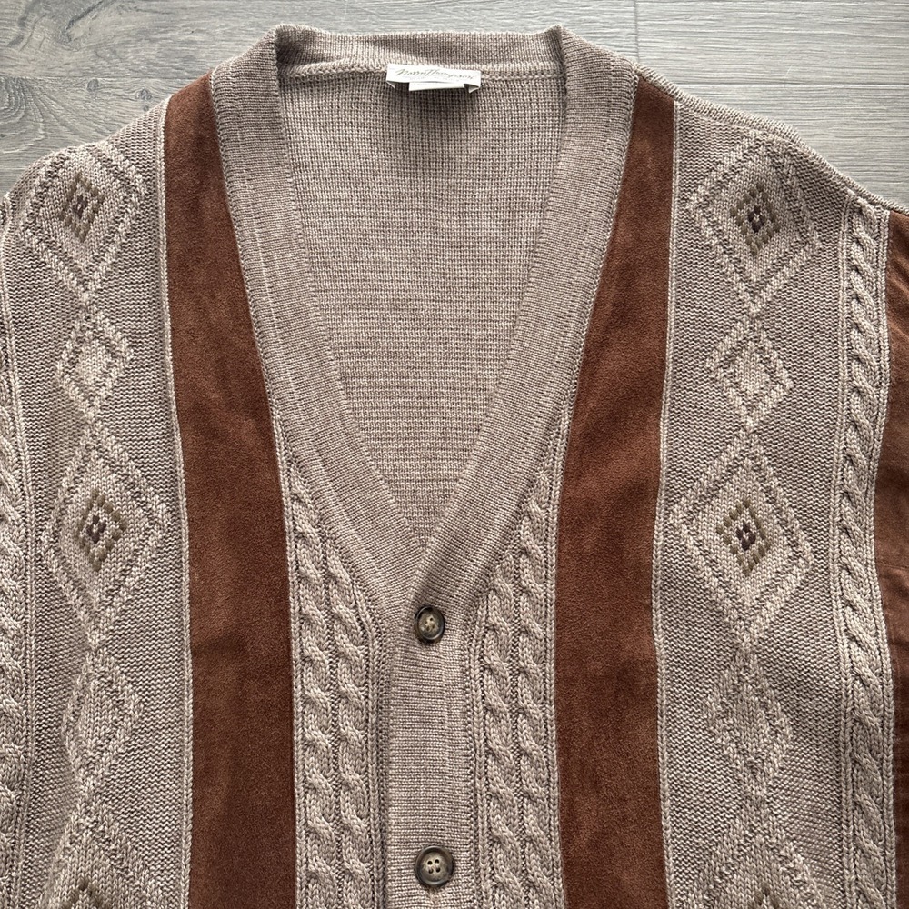 VTG Norm Thompson Mens L Cosby Leather Wool Cable Knit Cardigan Sweater Italy - Picture 4 of 16